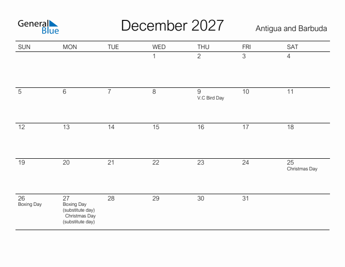Printable December 2027 Calendar for Antigua and Barbuda