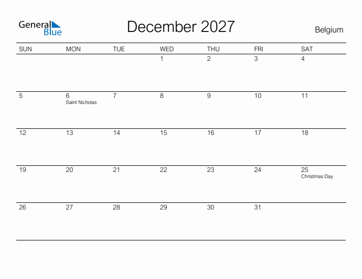 Printable December 2027 Calendar for Belgium