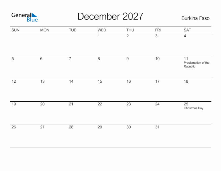 Printable December 2027 Calendar for Burkina Faso
