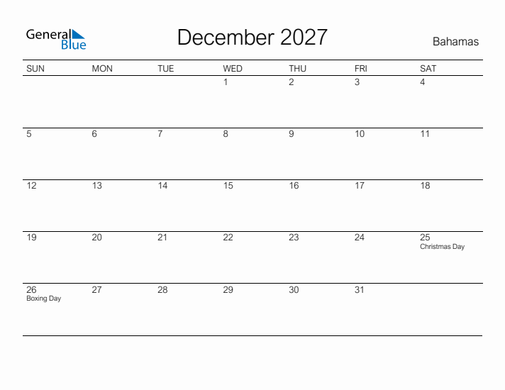 Printable December 2027 Calendar for Bahamas
