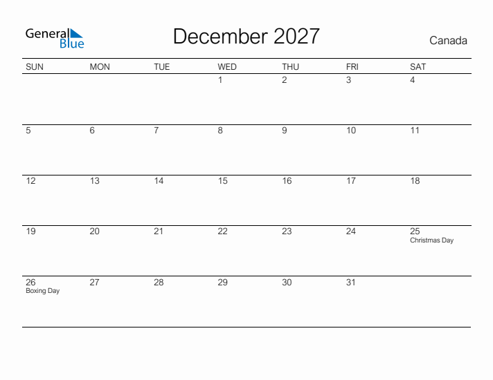 Printable December 2027 Calendar for Canada