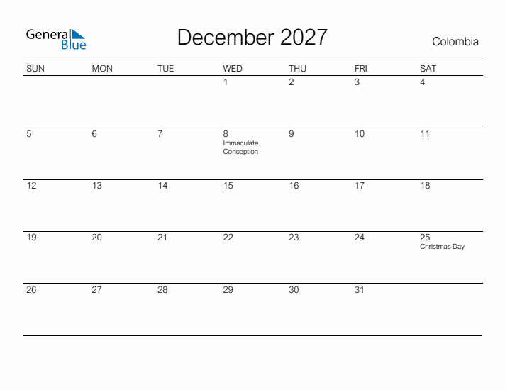 Printable December 2027 Calendar for Colombia