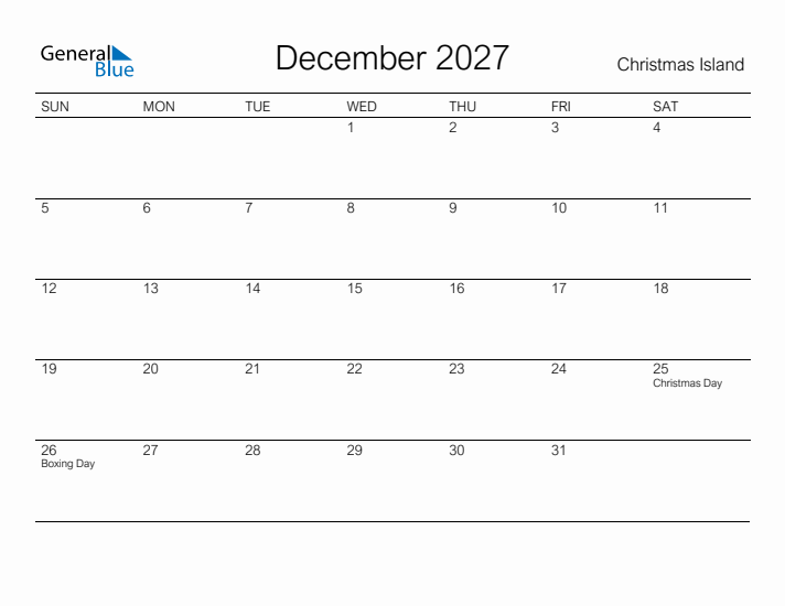 Printable December 2027 Calendar for Christmas Island