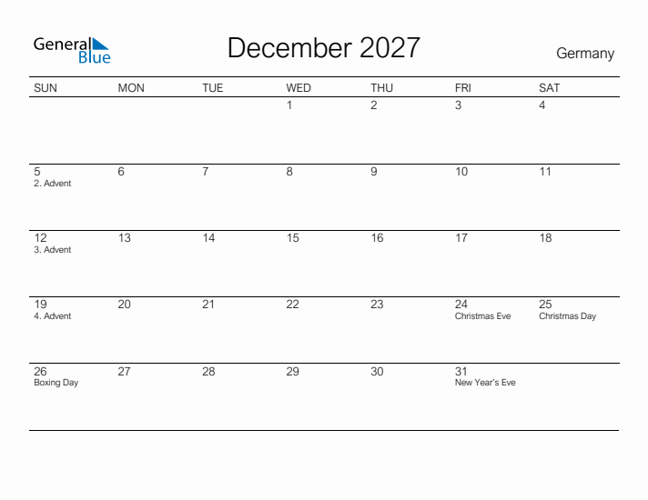 Printable December 2027 Calendar for Germany