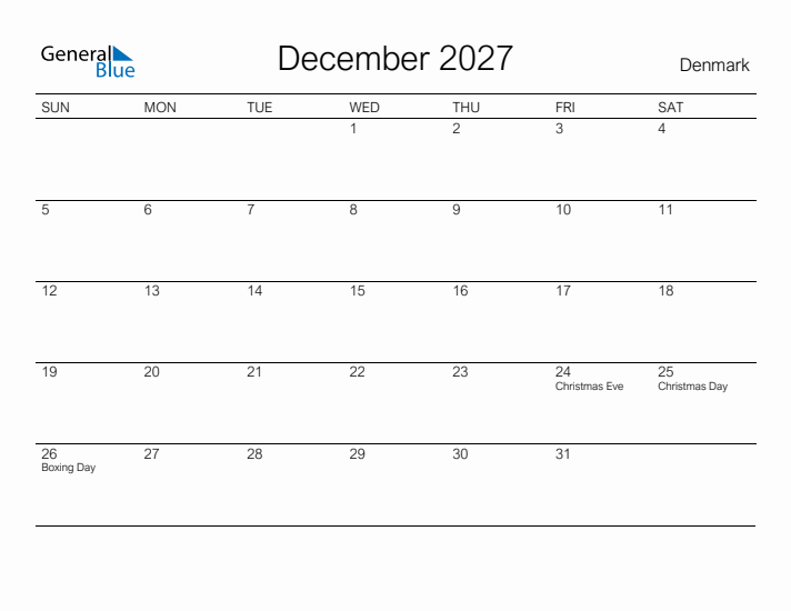 Printable December 2027 Calendar for Denmark