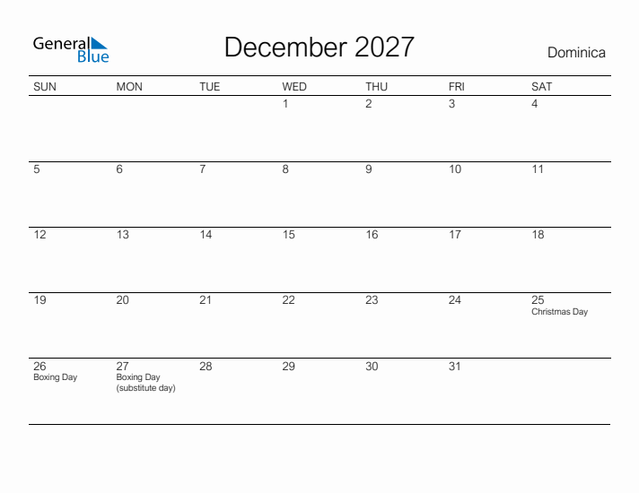 Printable December 2027 Calendar for Dominica