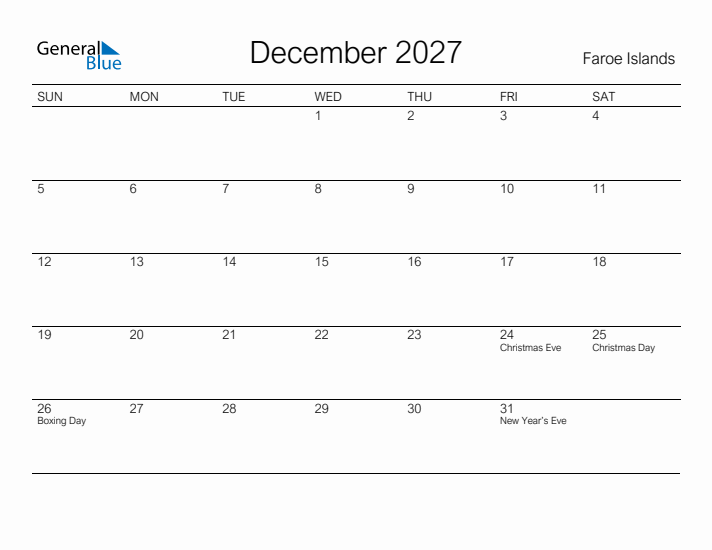 Printable December 2027 Calendar for Faroe Islands