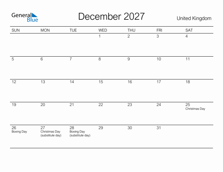 Printable December 2027 Calendar for United Kingdom