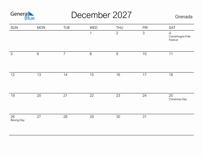 Printable December 2027 Calendar for Grenada