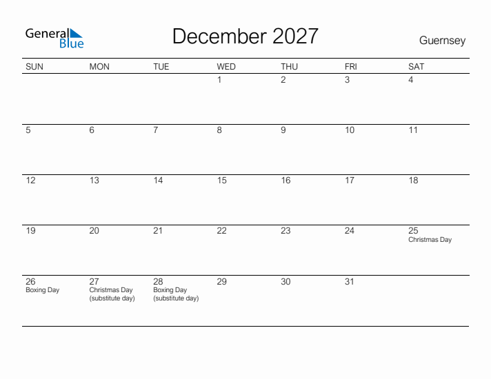 Printable December 2027 Calendar for Guernsey