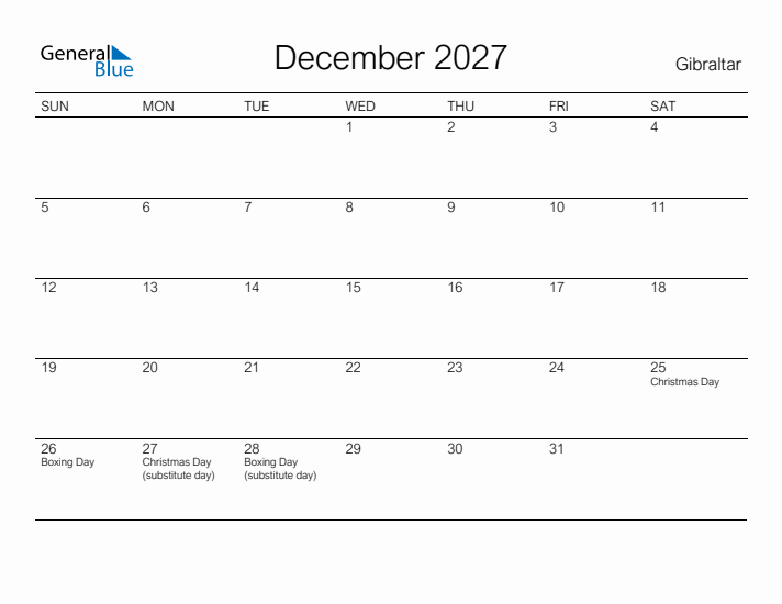 Printable December 2027 Calendar for Gibraltar