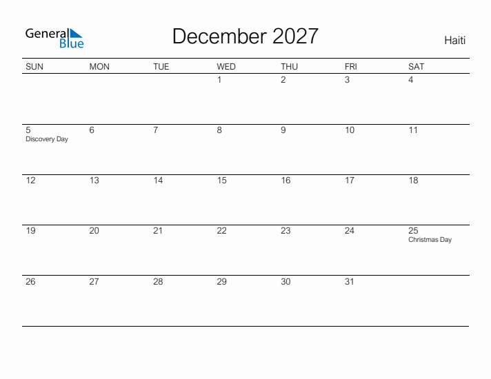 Printable December 2027 Calendar for Haiti