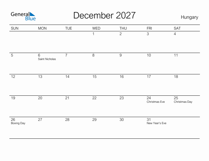 Printable December 2027 Calendar for Hungary