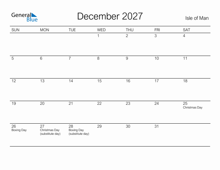 Printable December 2027 Calendar for Isle of Man