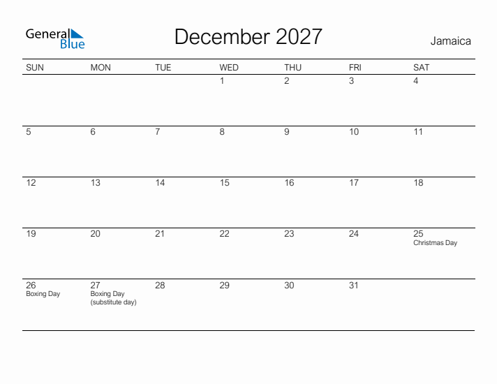 Printable December 2027 Calendar for Jamaica