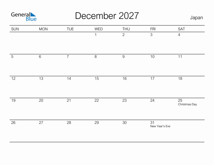 Printable December 2027 Calendar for Japan
