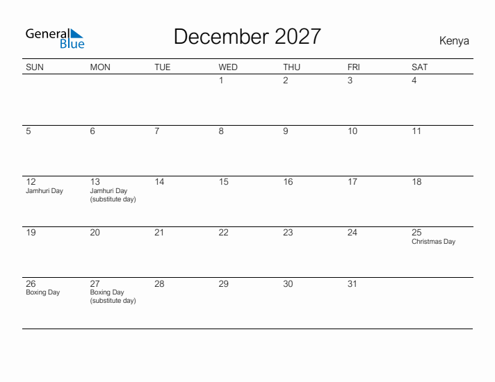 Printable December 2027 Calendar for Kenya