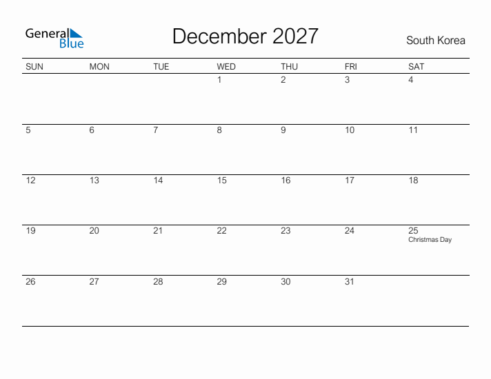 Printable December 2027 Calendar for South Korea
