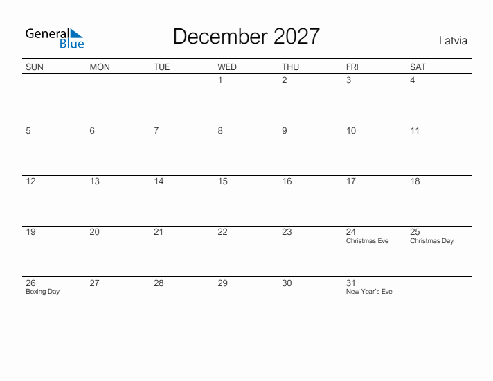Printable December 2027 Calendar for Latvia