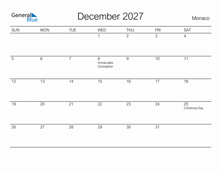 Printable December 2027 Calendar for Monaco