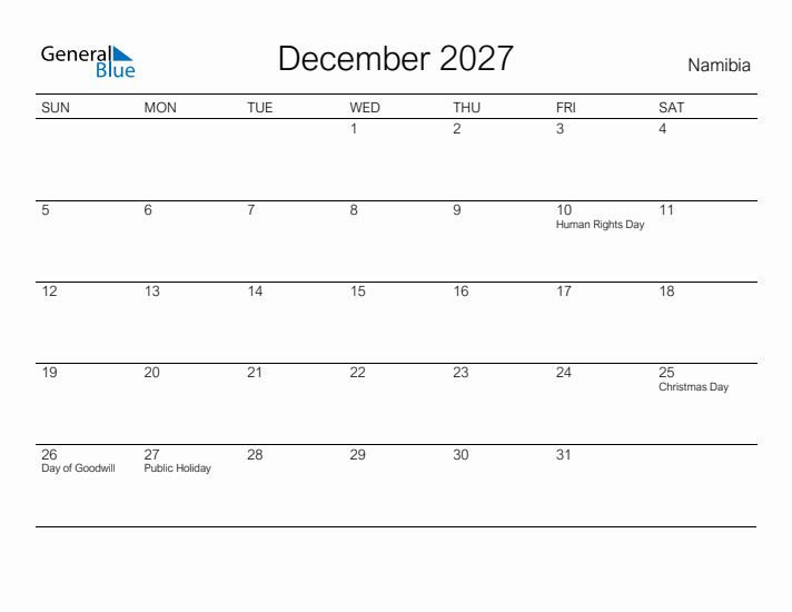 Printable December 2027 Calendar for Namibia