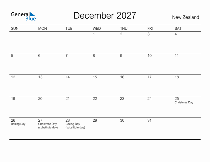 Printable December 2027 Calendar for New Zealand