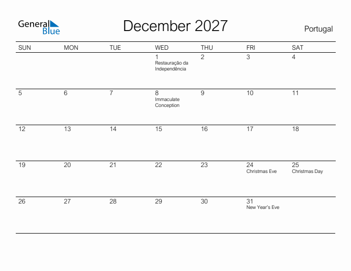 Printable December 2027 Calendar for Portugal