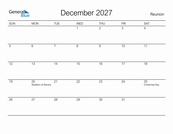 Printable December 2027 Calendar for Reunion