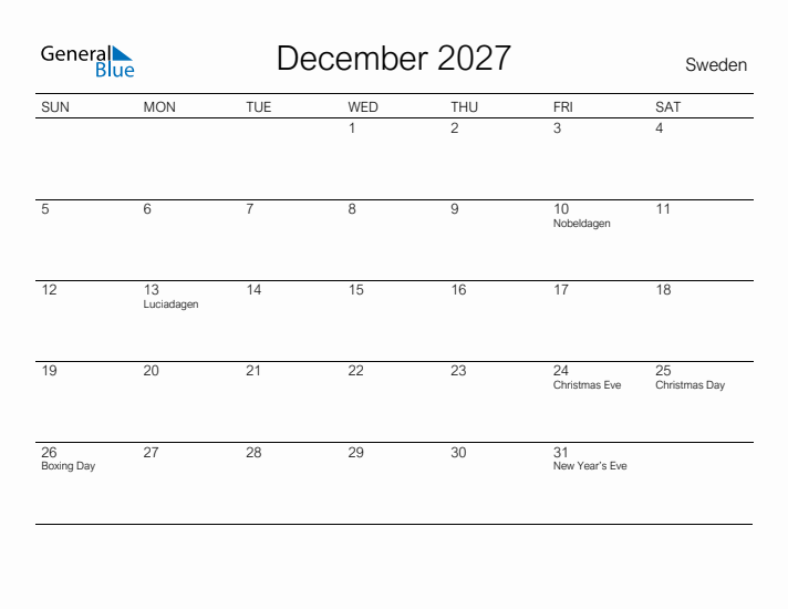 Printable December 2027 Calendar for Sweden