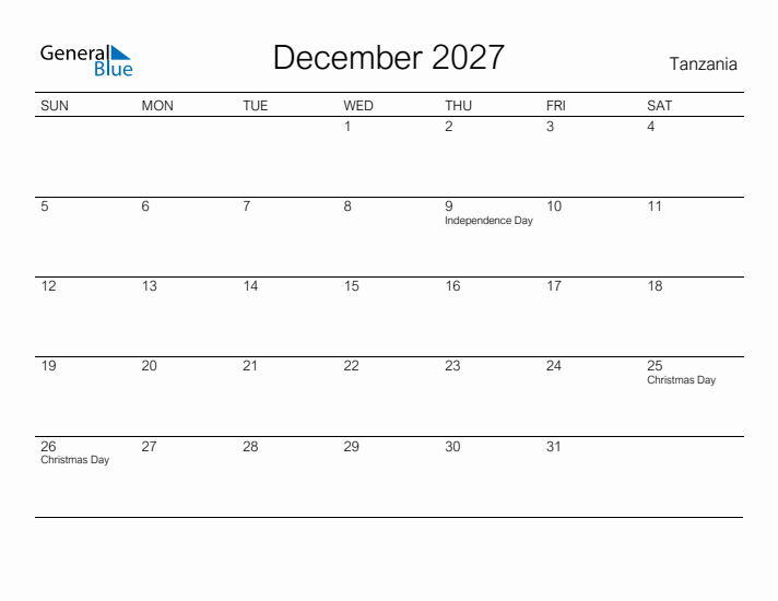 Printable December 2027 Calendar for Tanzania
