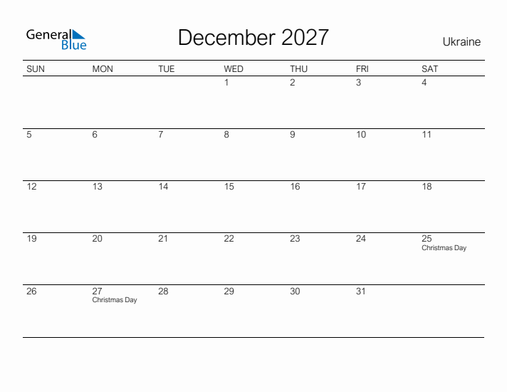 Printable December 2027 Calendar for Ukraine