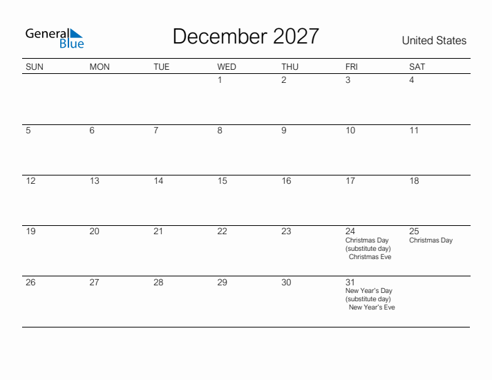 Printable December 2027 Calendar for United States