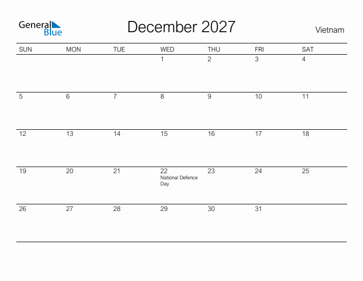 Printable December 2027 Calendar for Vietnam