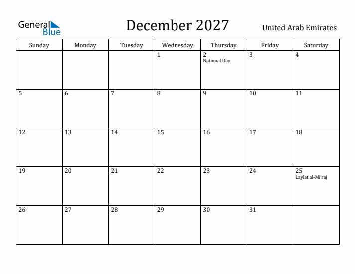 December 2027 Calendar United Arab Emirates