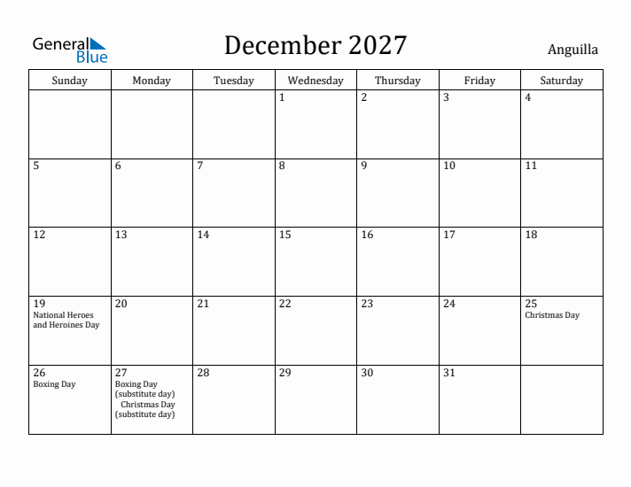 December 2027 Calendar Anguilla