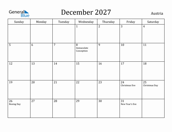 December 2027 Calendar Austria