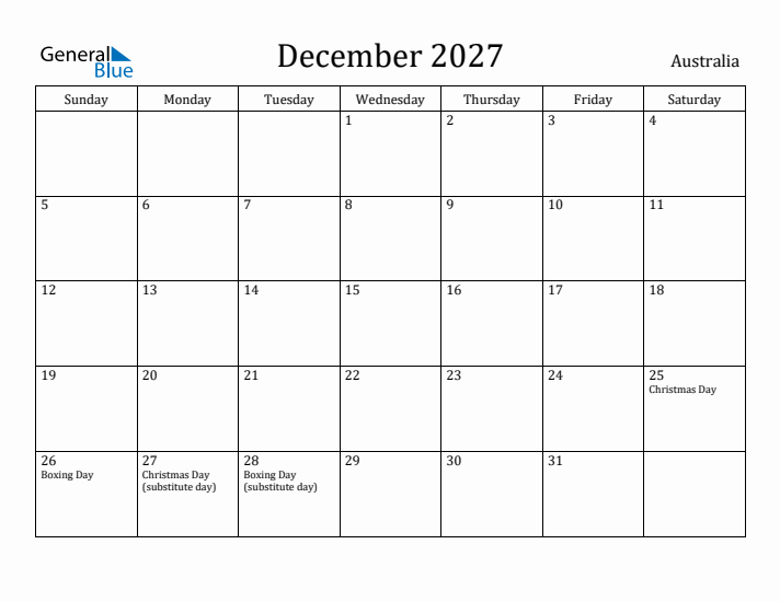 December 2027 Calendar Australia