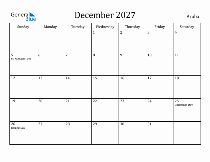 December 2027 Calendar Aruba