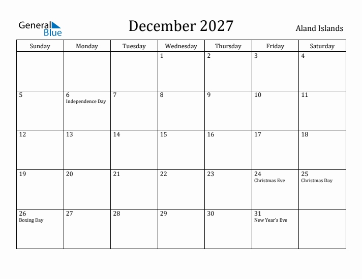 December 2027 Calendar Aland Islands