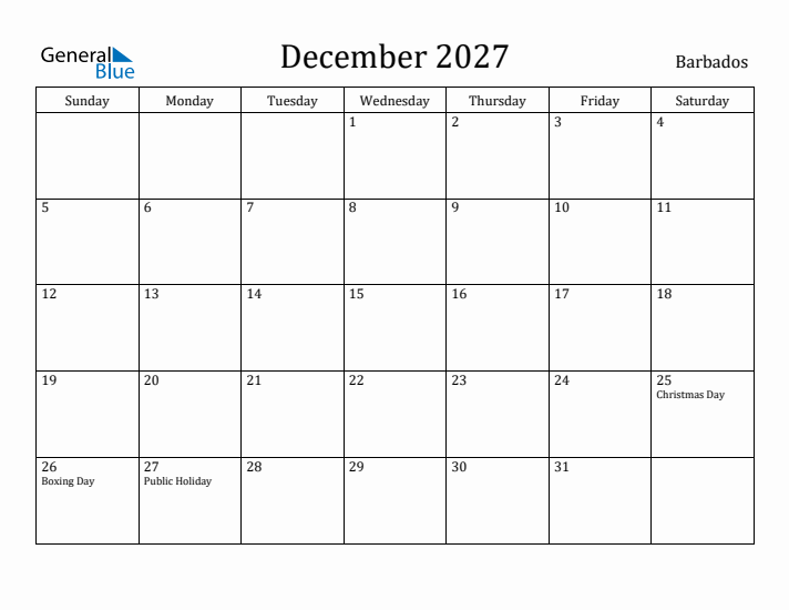 December 2027 Calendar Barbados