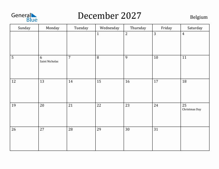 December 2027 Calendar Belgium