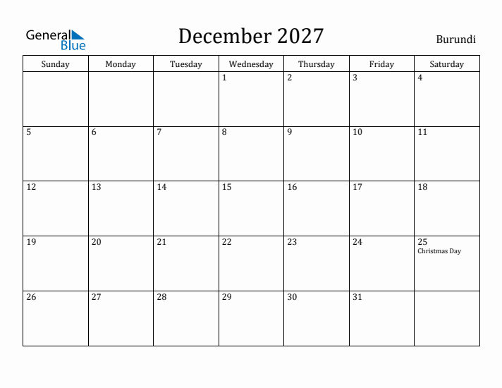 December 2027 Calendar Burundi