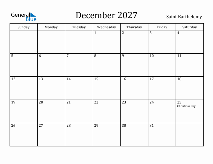 December 2027 Calendar Saint Barthelemy