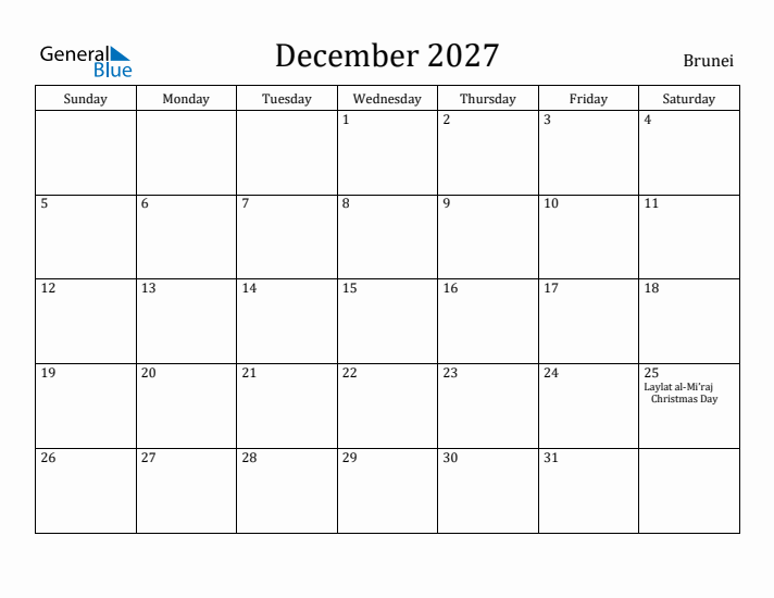 December 2027 Calendar Brunei
