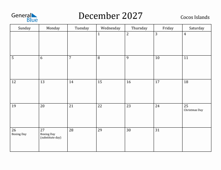 December 2027 Calendar Cocos Islands