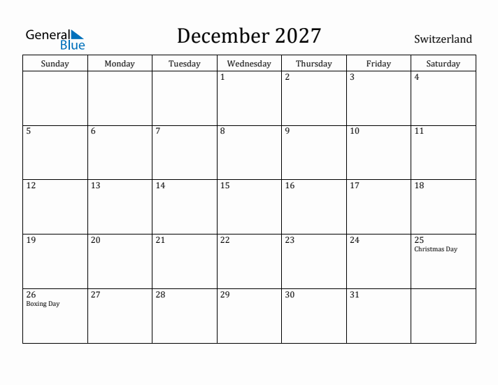 December 2027 Calendar Switzerland