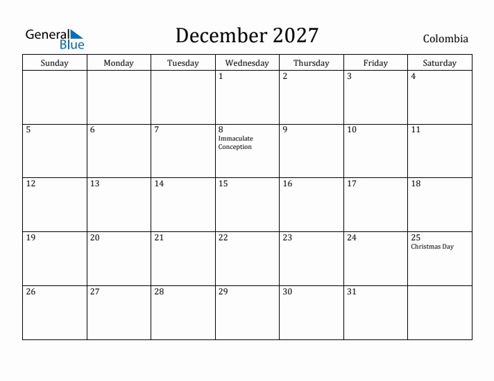 December 2027 Calendar Colombia