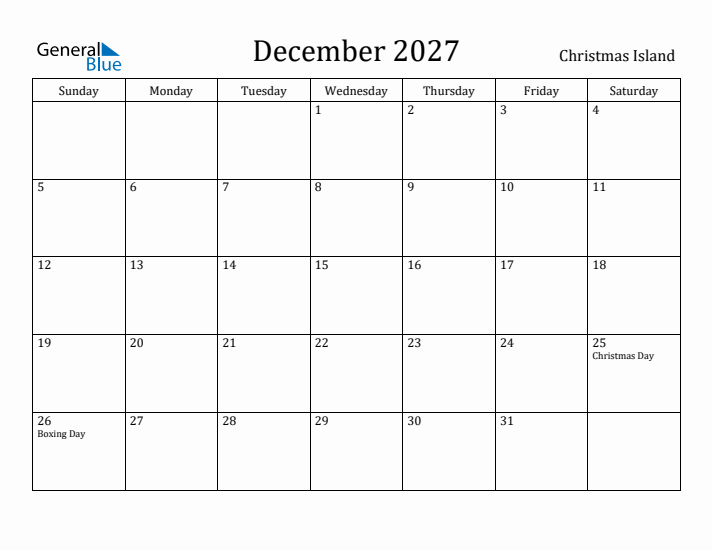 December 2027 Calendar Christmas Island