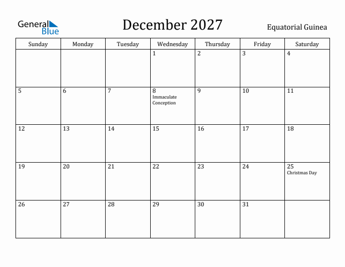 December 2027 Calendar Equatorial Guinea