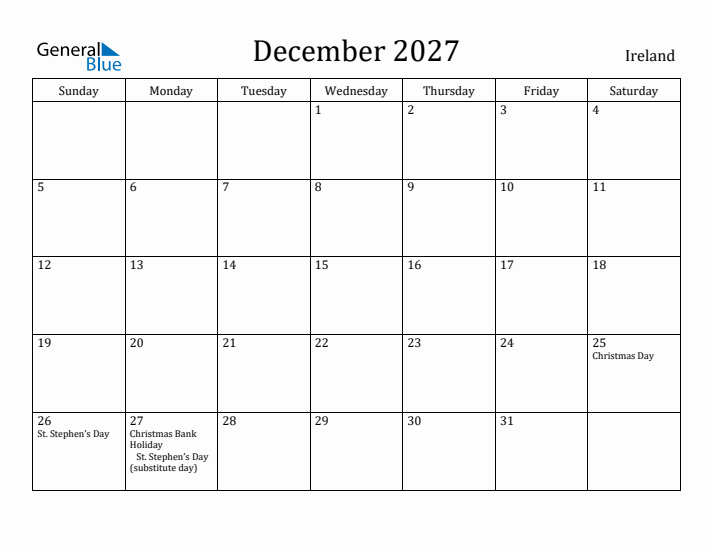December 2027 Calendar Ireland